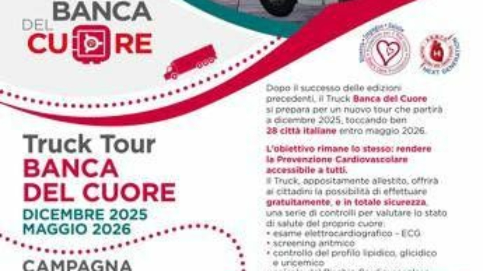 Prevenzione cardiovascolare gratuita in 28 città, riparte 'Truck tour Banca del cuore'